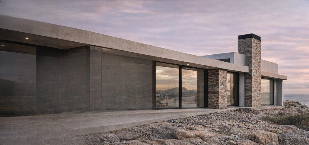 Natural stone architectural building with textured quartzite walls